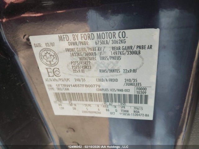 Aukcja sprzedaży 2007 Ford F150 Supercrew, vin: 1FTRW14557FB00779, numer aukcji: 12496052