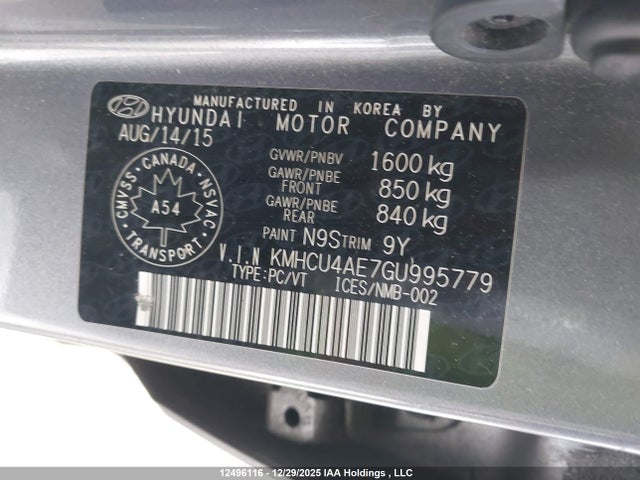12496116 :رقم المزاد ، KMHCU4AE7GU995779 vin ، 2016 Hyundai Accent Gls مزاد بيع