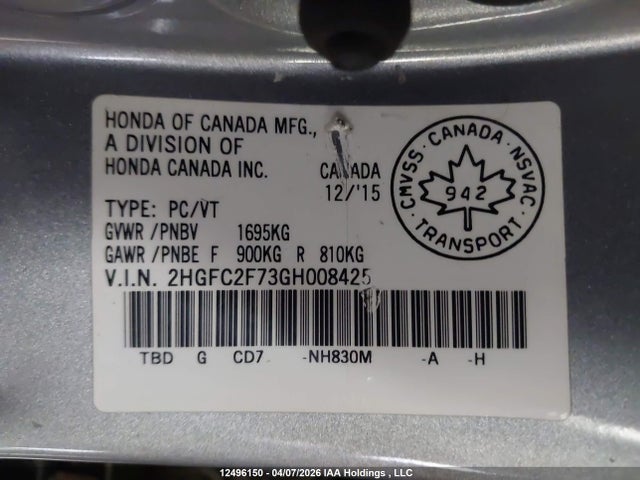 Продаж на аукціоні авто 2016 Honda Civic Ex, vin: 2HGFC2F73GH008425, номер лоту: 12496150