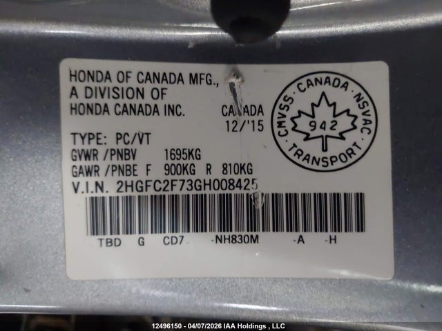Продаж на аукціоні авто 2016 Honda Civic Ex, vin: 2HGFC2F73GH008425, номер лоту: 12496150