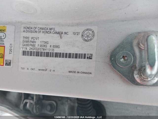 12496168 :رقم المزاد ، 2HGFE2F57NH113135 vin ، 2022 Honda Civic Sport مزاد بيع