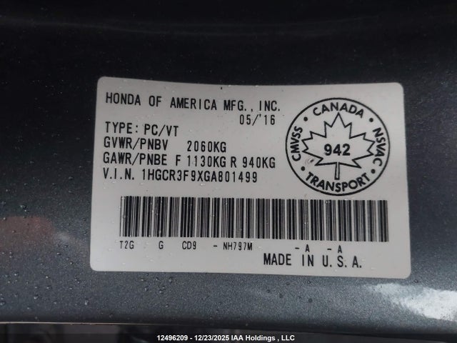 1HGCR3F9XGA801499 Honda Accord Touring