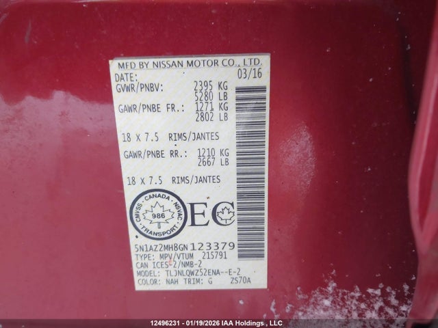 5N1AZ2MH8GN123379 Nissan Murano Platinum/sl/sv