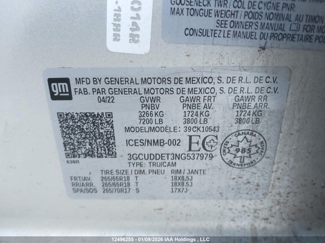 3GCUDDET3NG537979 Chevrolet Silverado 1500 Lt