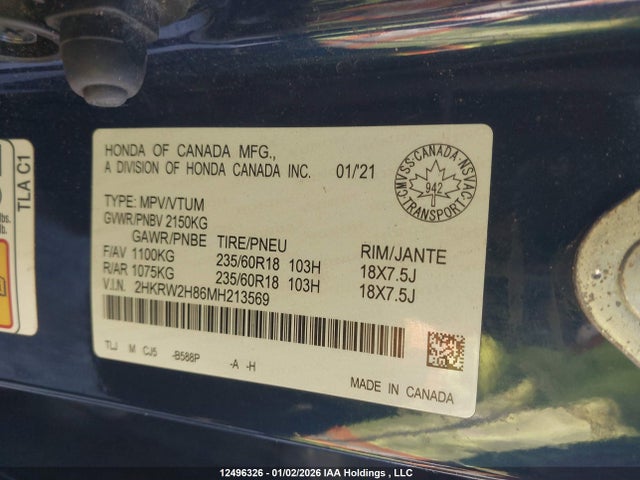 2HKRW2H86MH213569 Honda Cr-v Ex-l
