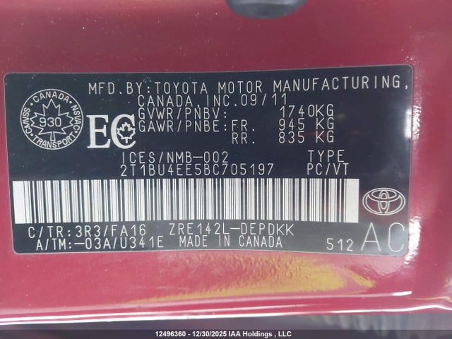 Aukcja sprzedaży 2011 Toyota Corolla, vin: 2T1BU4EE5BC705197, numer aukcji: 12496360