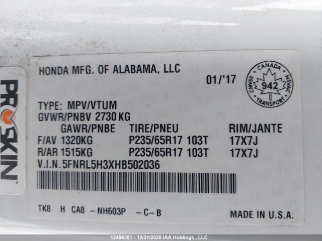 5FNRL5H3XHB502036 Honda ODYSSEY SE