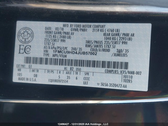 Продажа на аукционе авто 2018 Ford Escape, vin: 1FMCU9HD4JUB57002, номер лота: 12496427
