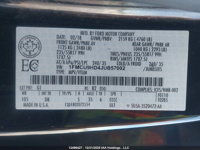 Продажа на аукционе авто 2018 Ford Escape, vin: 1FMCU9HD4JUB57002, номер лота: 12496427