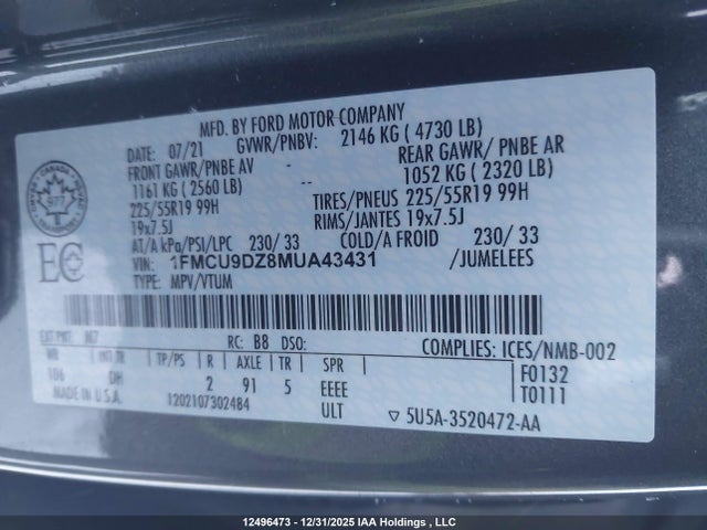 1FMCU9DZ8MUA43431 Ford Escape Titanium