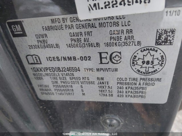 12496545 :رقم المزاد ، 1GKKVPED0BJ246594 vin ، 2011 Gmc Acadia Sle مزاد بيع