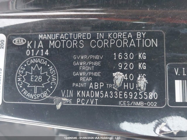 12496546 :رقم المزاد ، KNADM5A33E6925580 vin ، 2014 Kia Rio مزاد بيع