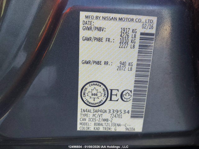Aukcja sprzedaży 2016 Nissan Altima 2.5/s/sv/sl/sr, vin: 1N4AL3AP4GN339534, numer aukcji: 12496604