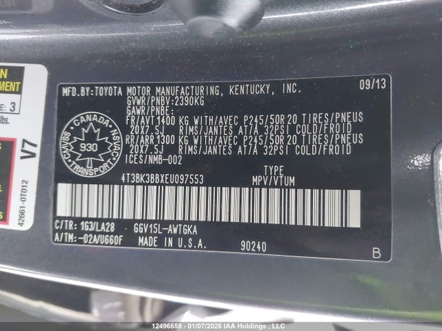 4T3BK3BBXEU097553 Toyota Venza Le/xle/limited