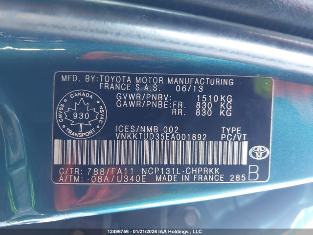 Toyota 1nz-fe 2014 VNKKTUD35EA001892 Image 9