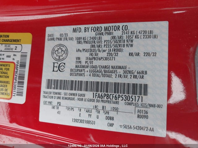 12496793 :رقم المزاد ، 1FA6P8CF6P5305171 vin ، 2023 Ford Mustang Gt Premium مزاد بيع