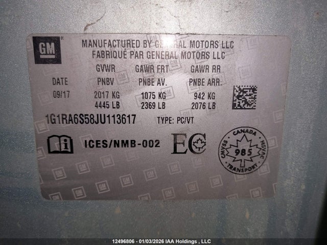 1G1RA6S58JU113617 Chevrolet VOLT LT