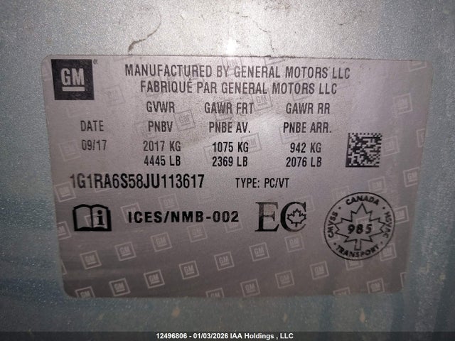 1G1RA6S58JU113617 Chevrolet VOLT LT
