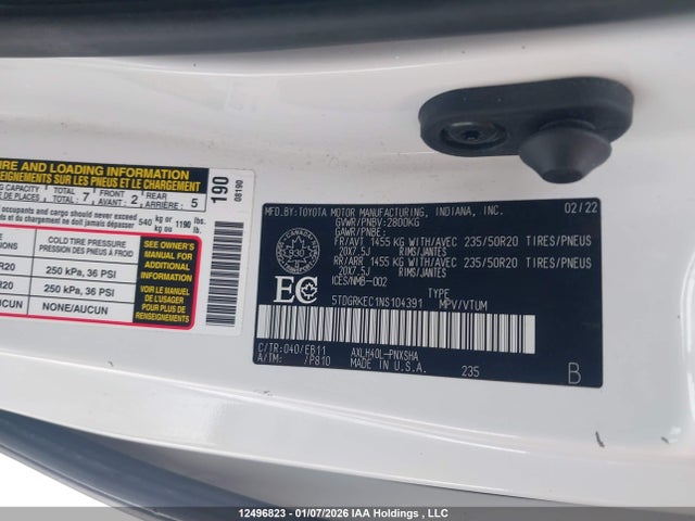 5TDGRKEC1NS104391 Toyota Sienna Le/xle/xse/limited/platinum