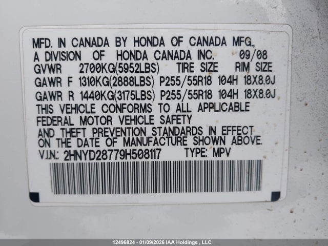 Продаж на аукціоні авто 2009 Acura Mdx Sport Package, vin: 2HNYD28779H508117, номер лоту: 12496824
