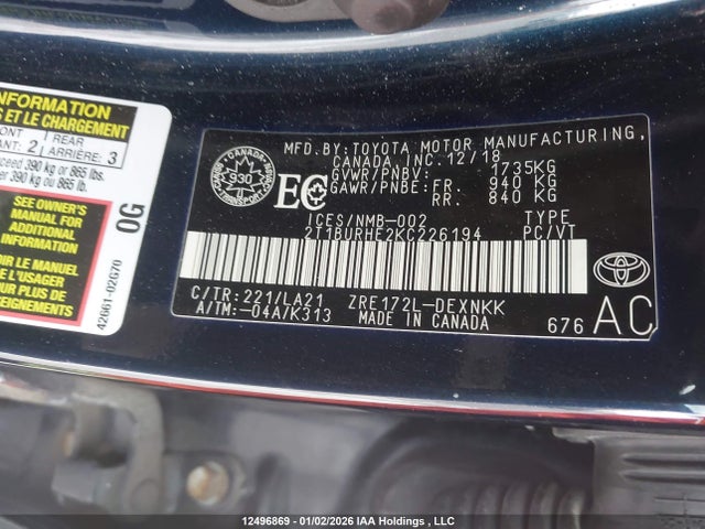2019 Toyota Corolla მანქანა იყიდება აუქციონზე, vin: 2T1BURHE2KC226194, აუქციონის ნომერი: 12496869