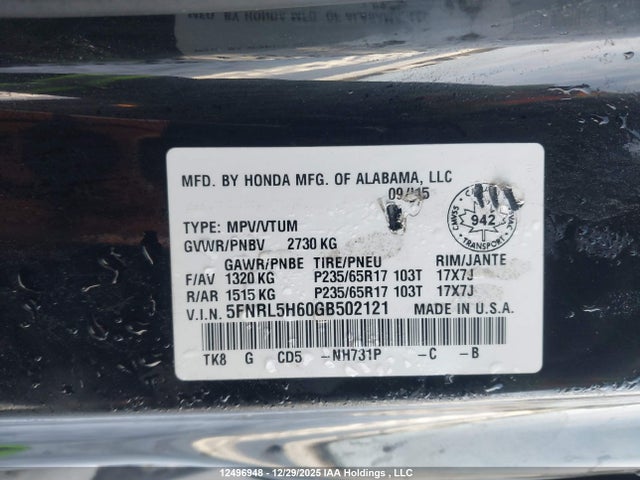 5FNRL5H60GB502121 Honda Odyssey