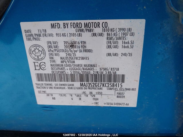 Продаж на аукціоні авто 2019 Ford Ecosport Se, vin: MAJ3S2GE7KC258415, номер лоту: 12497002