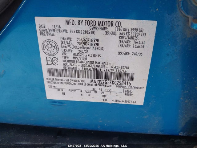 Продаж на аукціоні авто 2019 Ford Ecosport Se, vin: MAJ3S2GE7KC258415, номер лоту: 12497002