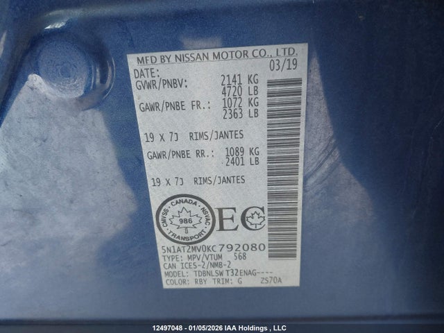 5N1AT2MV0KC792080 Nissan Rogue S/sl/sv