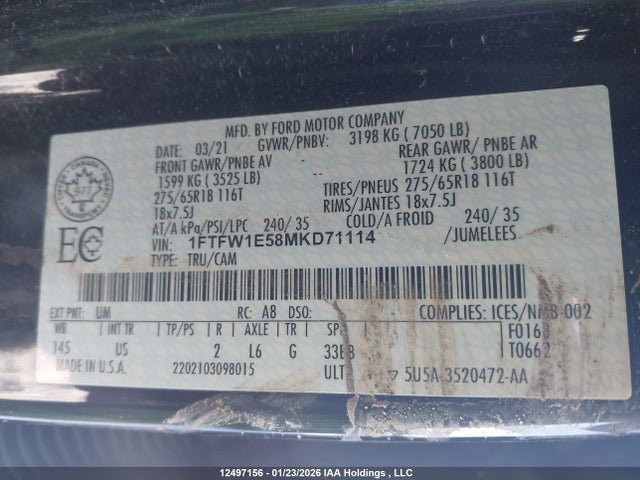 1FTFW1E58MKD71114 Ford F-150 Xlt