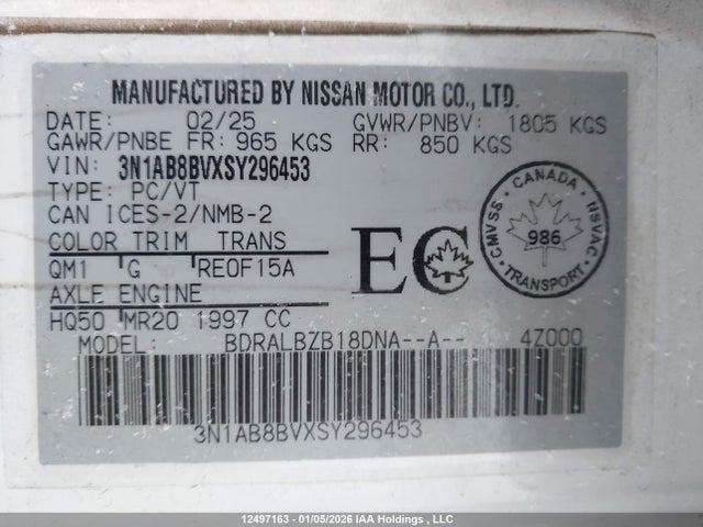 3N1AB8BVXSY296453 Nissan SENTRA S