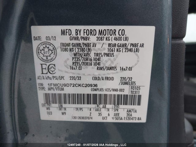 Продаж на аукціоні авто 2012 Ford Escape Xlt, vin: 1FMCU9D72CKC20936, номер лоту: 12497248
