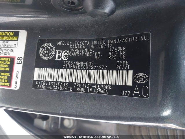12497279 :رقم المزاد ، 2T1BU4EE6DC921272 vin ، 2013 Toyota Corolla S/le مزاد بيع