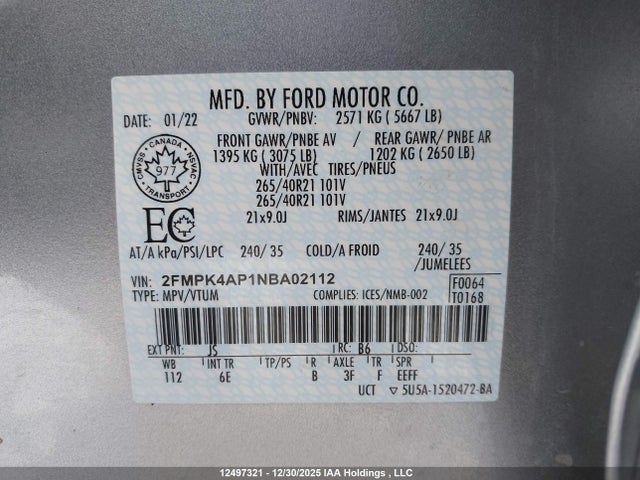 12497321 :رقم المزاد ، 2FMPK4AP1NBA02112 vin ، 2022 Ford Edge St مزاد بيع