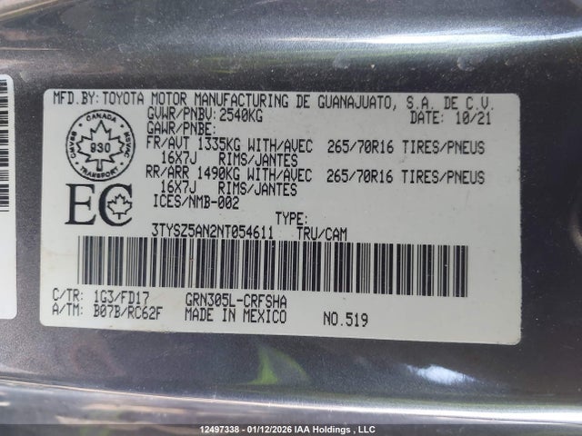 3TYSZ5AN2NT054611 Toyota Tacoma Access Cab/sr/sr5/trd Sport/trd Off Road