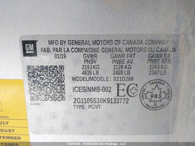 Aukcja sprzedaży 2019 Chevrolet Impala 2lz, vin: 2G1105S30K9133772, numer aukcji: 12497350