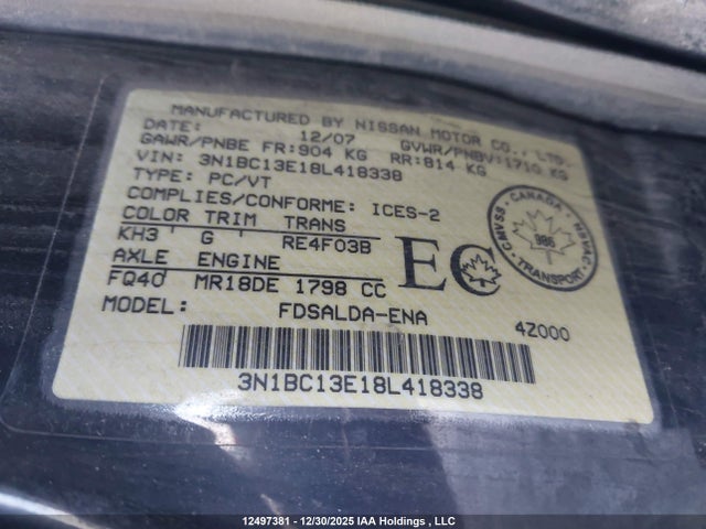 Aukcja sprzedaży 2008 Nissan Versa S/sl, vin: 3N1BC13E18L418338, numer aukcji: 12497381