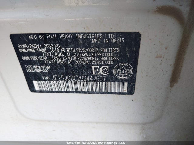 Aukcja sprzedaży 2016 Subaru Forester 2.5i, vin: JF2SJCBC2GG442697, numer aukcji: 12497419