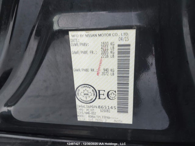 1N4AL3AP6FN865145 Nissan Altima 2.5/2.5 S/2.5 Sl/2.5 Sv