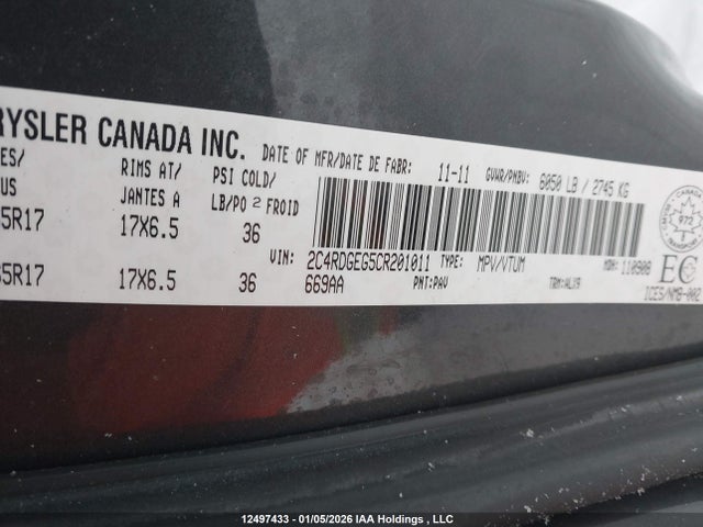 Продаж на аукціоні авто 2012 Dodge Grand Caravan R/t, vin: 2C4RDGEG5CR201011, номер лоту: 12497433