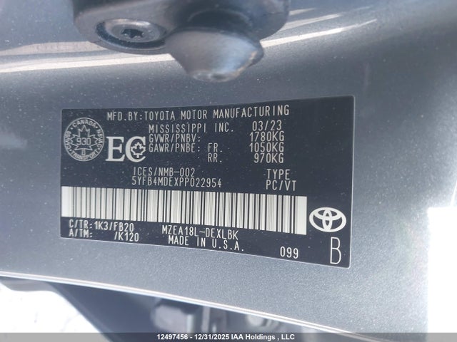 2023 Toyota Corolla Le მანქანა იყიდება აუქციონზე, vin: 5YFB4MDEXPP022954, აუქციონის ნომერი: 12497456