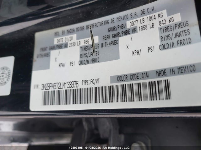 2020 Mazda Mazda3 Gs/gx მანქანა იყიდება აუქციონზე, vin: 3MZBPAB72LM133376, აუქციონის ნომერი: 12497495