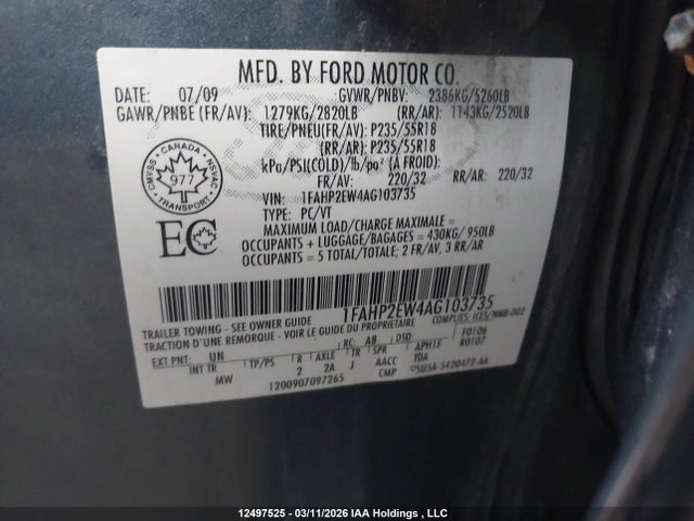 Продажа на аукционе авто 2010 Ford Taurus Sel, vin: 1FAHP2EW4AG103735, номер лота: 12497525