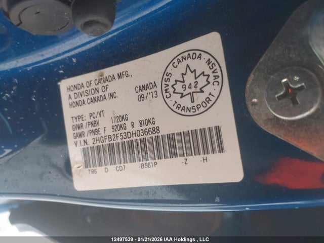 2013 Honda Civic მანქანა იყიდება აუქციონზე, vin: 2HGFB2F53DH036688, აუქციონის ნომერი: 12497539