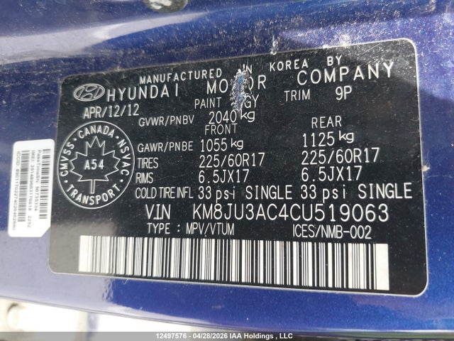 2012 Hyundai Tucson Gls/limited მანქანა იყიდება აუქციონზე, vin: KM8JU3AC4CU519063, აუქციონის ნომერი: 12497576