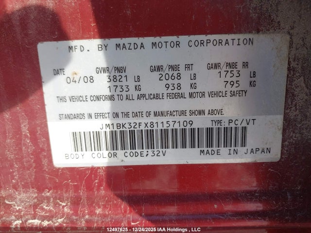 Aukcja sprzedaży 2008 Mazda 3 I, vin: JM1BK32FX81157109, numer aukcji: 12497625