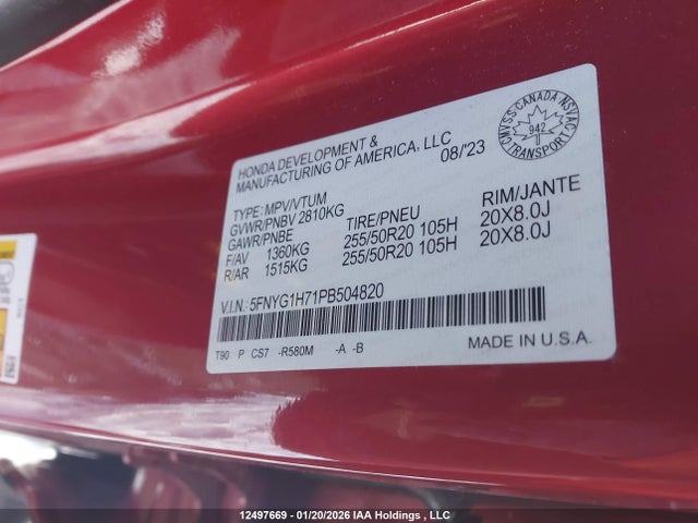 5FNYG1H71PB504820 Honda Pilot Touring