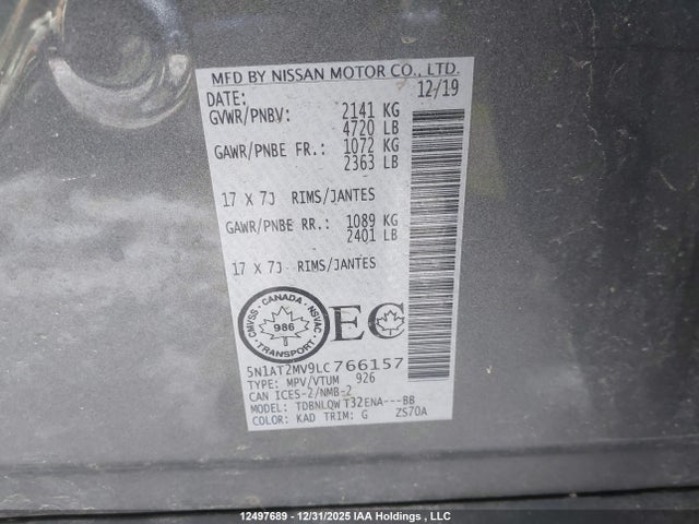 5N1AT2MV9LC766157 Nissan Rogue S/sl/sv