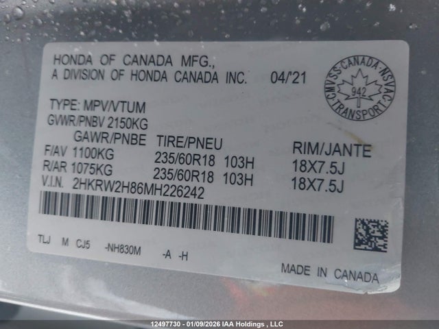 2HKRW2H86MH226242 Honda CR-V EXL