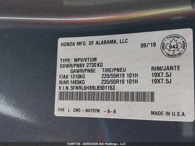 5FNRL6H89LB501163 Honda Odyssey Touring